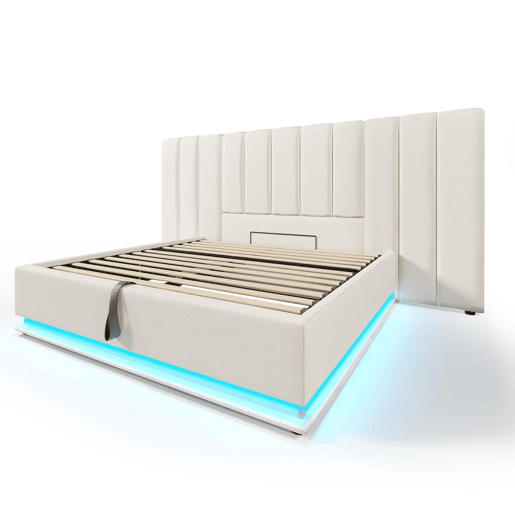 Cama Polsterbett 180x200 - Cama de casal com armazenamento hidráulico, LED e carregamento USB-C - Branco