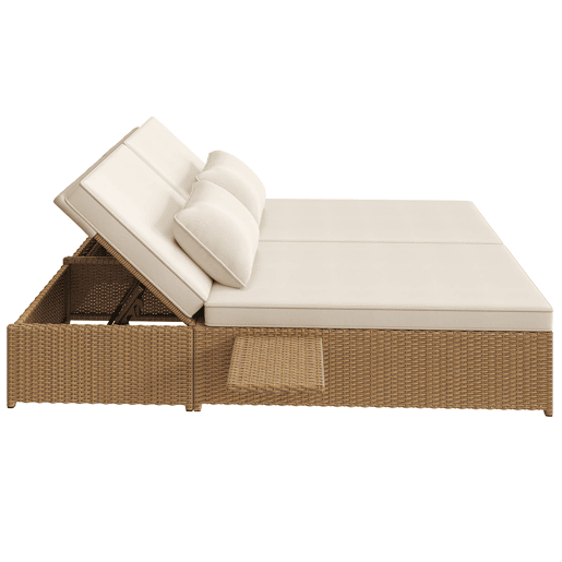 Espreguiçadeira exterior Rattan - Dupla, dobrável, com almofadas, resistente às intempéries - Branca