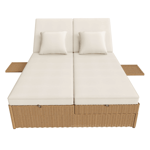 Espreguiçadeira exterior Rattan - Dupla, dobrável, com almofadas, resistente às intempéries - Branca