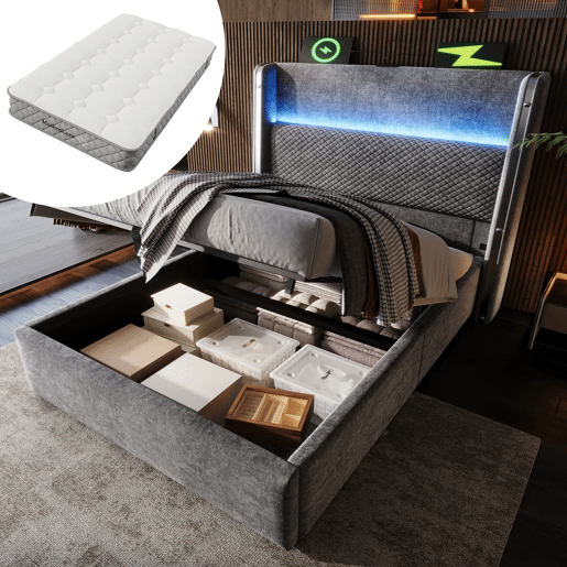 Cama hidráulica 90x200 cm - Com LED, armazenamento, portas USBType-C - Cinza