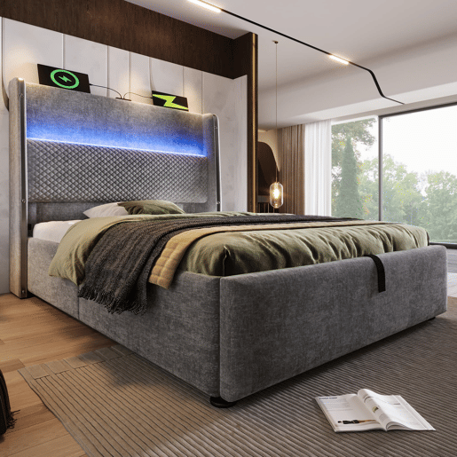 Cama hidráulica 90x200 cm - Com LED, armazenamento, portas USBType-C - Cinza