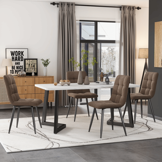 Conjunto de sala de jantar 117×68 cm - Mesa retangular moderna com 4 cadeiras de veludo castanho - Pernas pretas Conjunto de sala de jantar 117×68 cm - Mesa retangular moderna com 4 cadeiras de veludo castanho - Pernas pretas