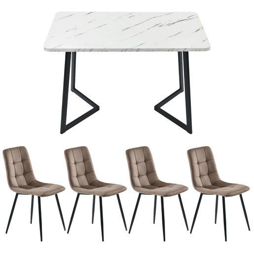 Conjunto de sala de jantar 117×68 cm - Mesa retangular moderna com 4 cadeiras de veludo castanho - Pernas pretas Conjunto de sala de jantar 117×68 cm - Mesa retangular moderna com 4 cadeiras de veludo castanho - Pernas pretas