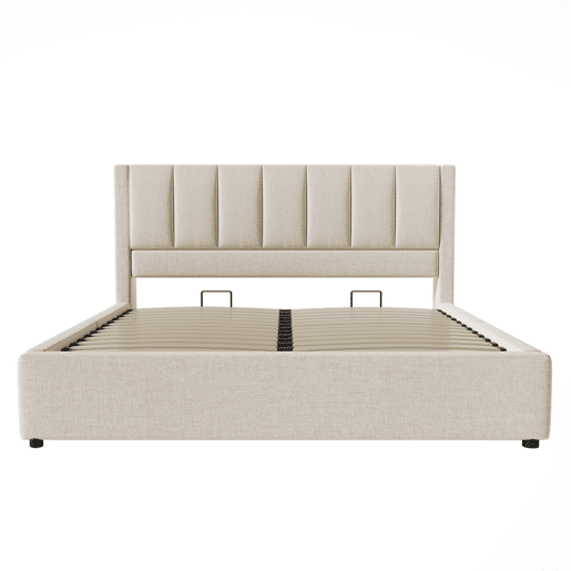 Cama estofada 160x200 cm - Com suporte oculto para chávenas, estação de carregamento, arrumação - Bege
