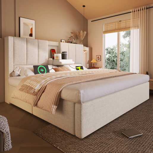 Cama estofada 160x200 cm - Com suporte oculto para chávenas, estação de carregamento, arrumação - Bege