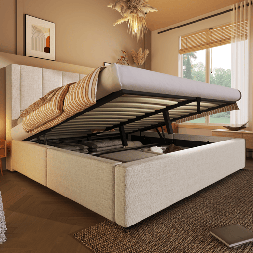 Cama estofada 160x200 cm - Com suporte oculto para chávenas, estação de carregamento, arrumação - Bege