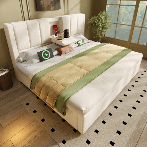 Cama estofada 160x200 cm - Com suporte oculto para chávenas, estação de carregamento, arrumação - Bege