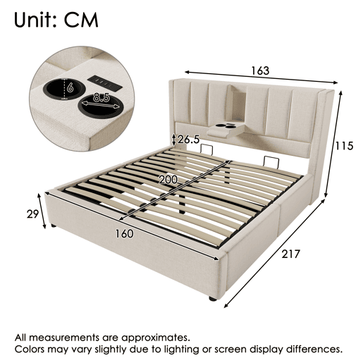 Cama estofada 160x200 cm - Com suporte oculto para chávenas, estação de carregamento, arrumação - Bege