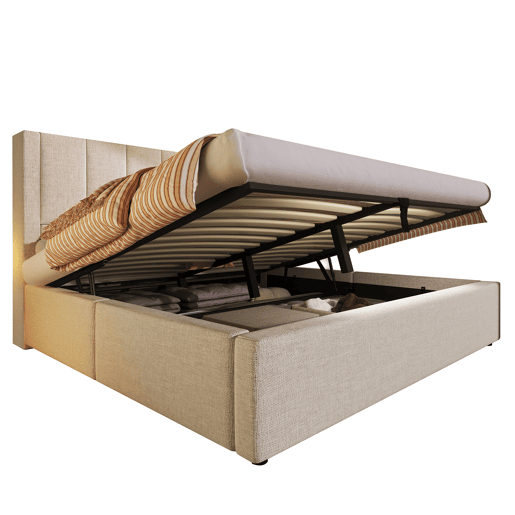 Cama estofada 160x200 cm - Com suporte oculto para chávenas, estação de carregamento, arrumação - Bege