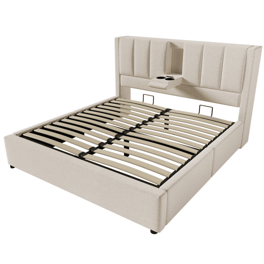 Cama estofada 160x200 cm - Com suporte oculto para chávenas, estação de carregamento, arrumação - Bege
