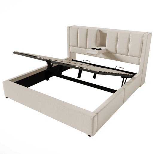 Cama estofada 160x200 cm - Com suporte oculto para chávenas, estação de carregamento, arrumação - Bege