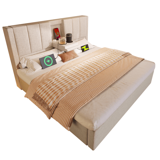 Cama estofada 160x200 cm - Com suporte oculto para chávenas, estação de carregamento, arrumação - Bege