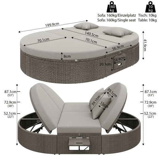 Cama de casal em rattan para 2 pessoas - Com prateleira lateral, mesa dobrável, ângulo ajustável - Cinza