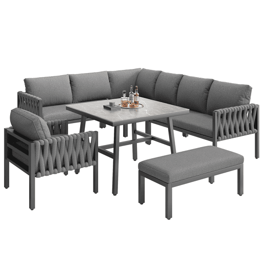 Conjunto de móveis de jardim - Sofá de canto, estrutura em ferro galvanizado, mesa em vidro temperado, cinza
