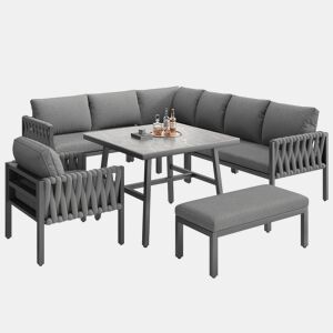 Conjunto de móveis de jardim - Sofá de canto, estrutura em ferro galvanizado, mesa em vidro temperado, cinza
