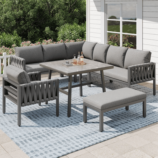 Conjunto de móveis de jardim - Sofá de canto, estrutura em ferro galvanizado, mesa em vidro temperado, cinza