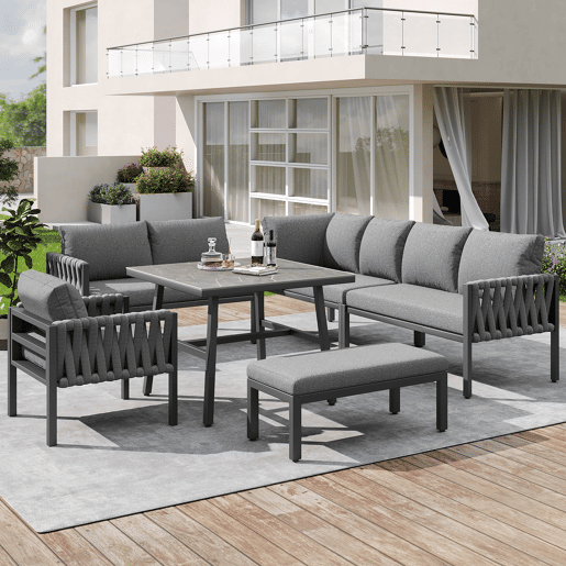 Conjunto de móveis de jardim - Sofá de canto, estrutura em ferro galvanizado, mesa em vidro temperado, cinza