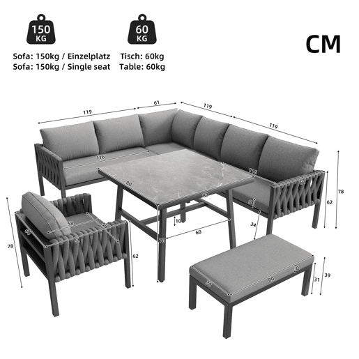 Conjunto de móveis de jardim - Sofá de canto, estrutura em ferro galvanizado, mesa em vidro temperado, cinza
