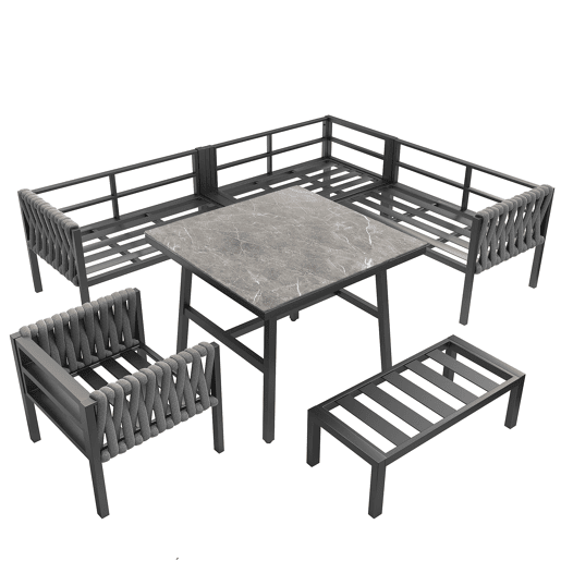Conjunto de móveis de jardim - Sofá de canto, estrutura em ferro galvanizado, mesa em vidro temperado, cinza