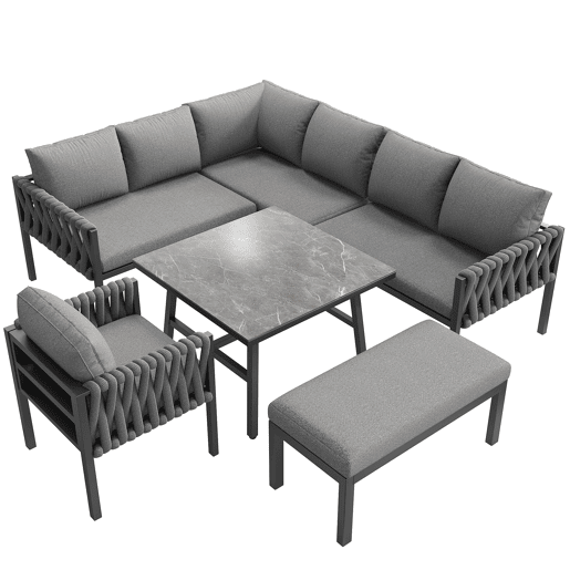 Conjunto de móveis de jardim - Sofá de canto, estrutura em ferro galvanizado, mesa em vidro temperado, cinza