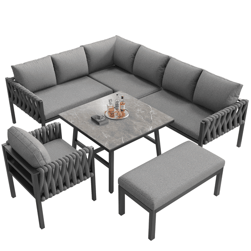 Conjunto de móveis de jardim - Sofá de canto, estrutura em ferro galvanizado, mesa em vidro temperado, cinza