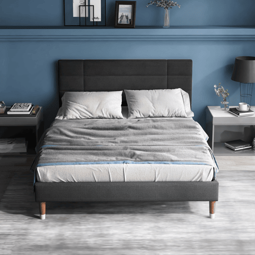 Cama estofada 140x200 cm - Com estrado e cabeceira - Linóleo cinzento escuro