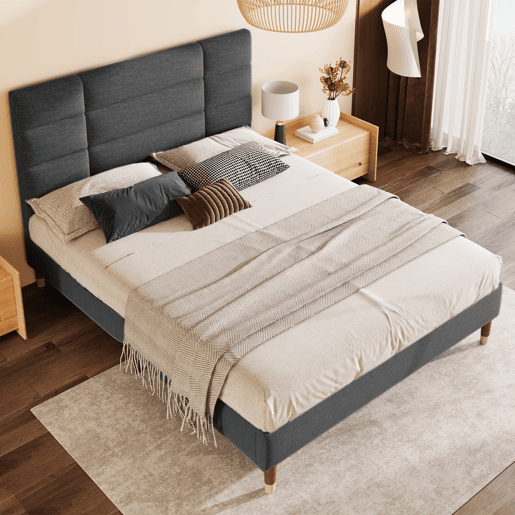 Cama estofada 140x200 cm - Com estrado e cabeceira - Linóleo cinzento escuro