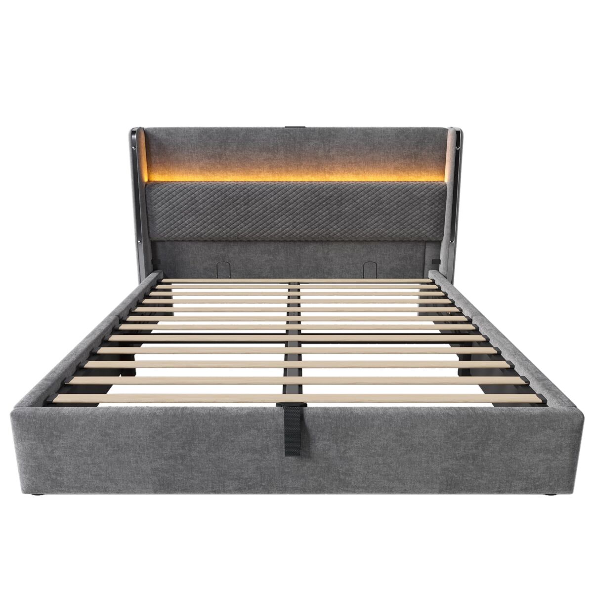 Cama hidráulica 140x200 cm - con led, almacenamiento, puertos usb/type-c - gris
