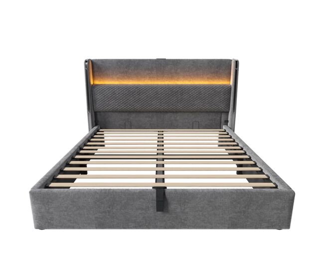 Cama hidráulica 140x200 cm - con led, almacenamiento, puertos usb/type-c - gris
