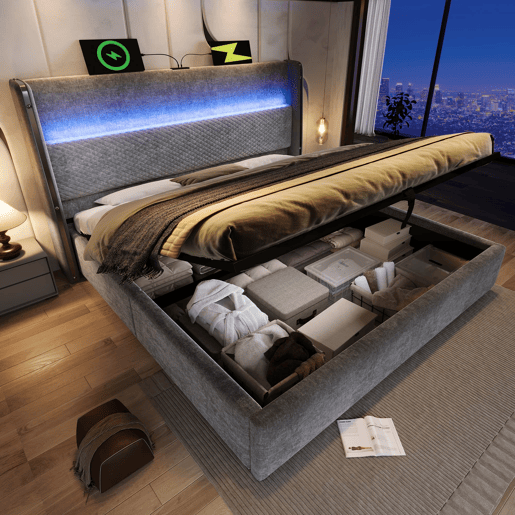 Cama hidráulica 140x200 cm - Com LED, armazenamento, portas USBType-C - Cinza