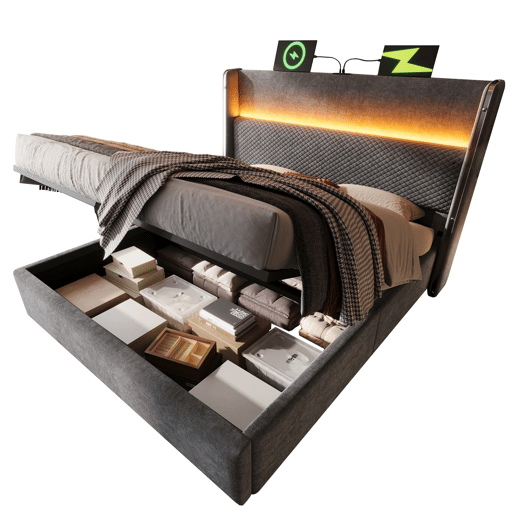 Cama hidráulica 140x200 cm - Com LED, armazenamento, portas USBType-C - Cinza