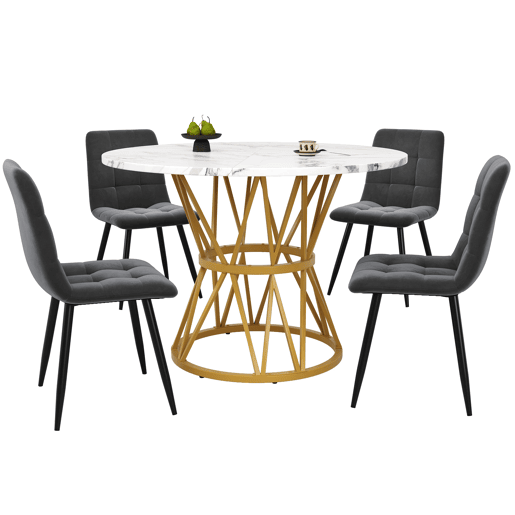 Conjunto de mesa e cadeiras 5 peças 100 cm - Mesa redonda MDF mármore, cadeiras de veludo cinza, pernas metálicas - Dourado, Cinza
