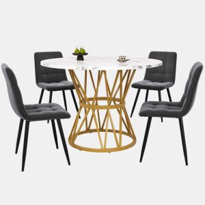 Conjunto de mesa e cadeiras 5 peças 100 cm - Mesa redonda MDF mármore, cadeiras de veludo cinza, pernas metálicas - Dourado, Cinza