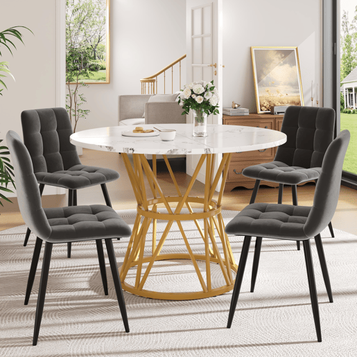 Conjunto de mesa e cadeiras 5 peças 100 cm - Mesa redonda MDF mármore, cadeiras de veludo cinza, pernas metálicas - Dourado, Cinza