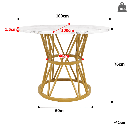 Conjunto de mesa e cadeiras 5 peças 100 cm - Mesa redonda MDF mármore, cadeiras de veludo cinza, pernas metálicas - Dourado, Cinza