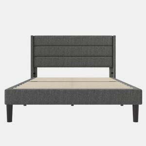Cama estofada 140x200 cm - Com estrado e cabeceira, design moderno, linho cinza escuro, com colchão