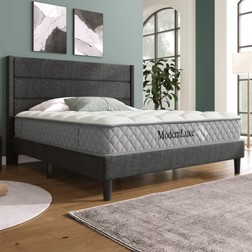 Cama estofada 140x200 cm - Com estrado e cabeceira, design moderno, linho cinza escuro, com colchão