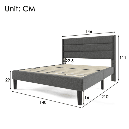 Cama estofada 140x200 cm - Com estrado e cabeceira, design moderno, linho cinza escuro, com colchão