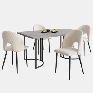 Conjunto de mesa de jantar 140x80 cm - 4 cadeiras, assento em veludo, pernas ajustáveis - Bege