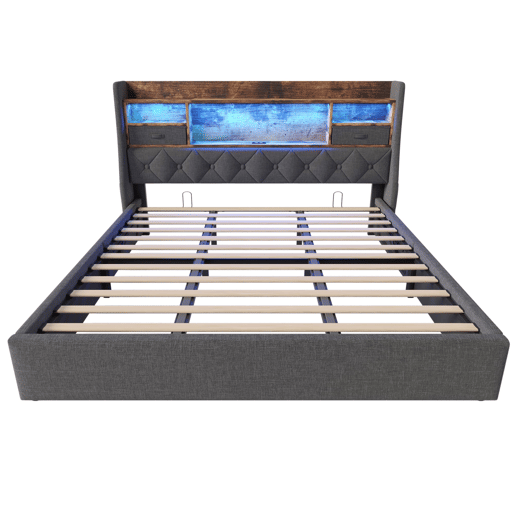 Cama hidráulica 180x200 cm - Com arrumação, cabeceira LED, 4 portas USBType-C, cinzenta