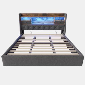 Cama hidráulica 180x200 cm - Com arrumação, cabeceira LED, 4 portas USBType-C, cinzenta