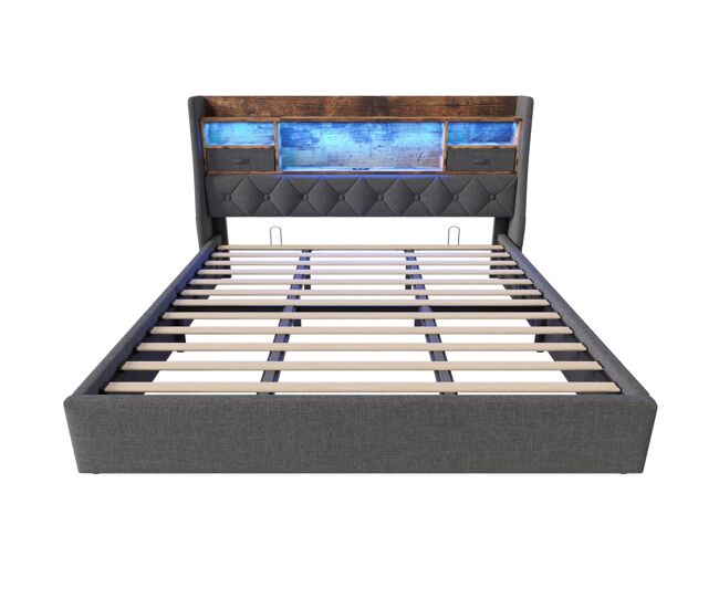 Cama hidráulica 180x200 cm - con almacenamiento, cabecero led, 4 puertos usb/type-c, gris