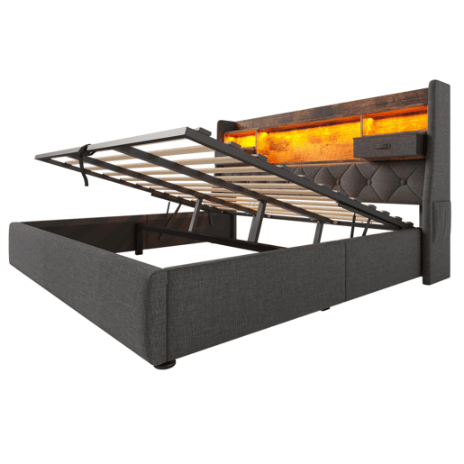 Cama hidráulica 180x200 cm - Com arrumação, cabeceira LED, 4 portas USBType-C, cinzenta