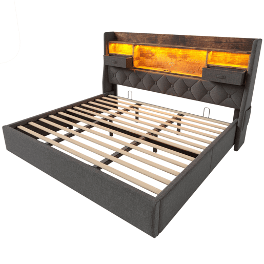 Cama hidráulica 180x200 cm - Com arrumação, cabeceira LED, 4 portas USBType-C, cinzenta