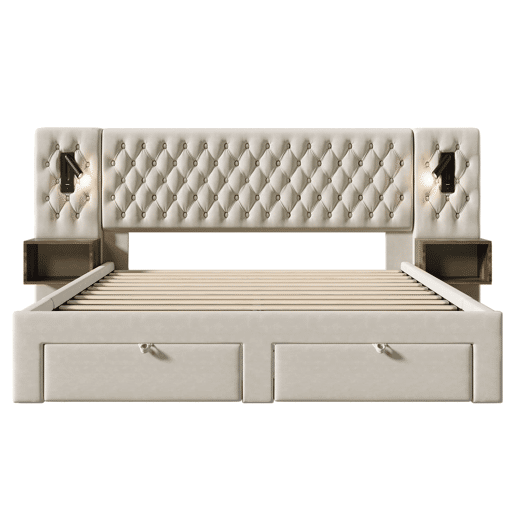 Conjunto completo para quarto 180x200 cm - Cama estofada com 2 mesas de cabeceira, 4 gavetas, luz USB - Bege