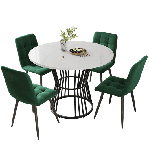 Conjunto de sala de jantar de 5 peças - Mesa redonda de 100 cm - 4 cadeiras de veludo verde