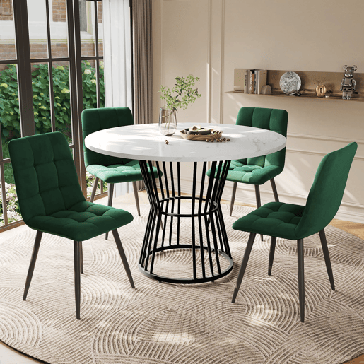 Conjunto de sala de jantar de 5 peças - Mesa redonda de 100 cm - 4 cadeiras de veludo verde