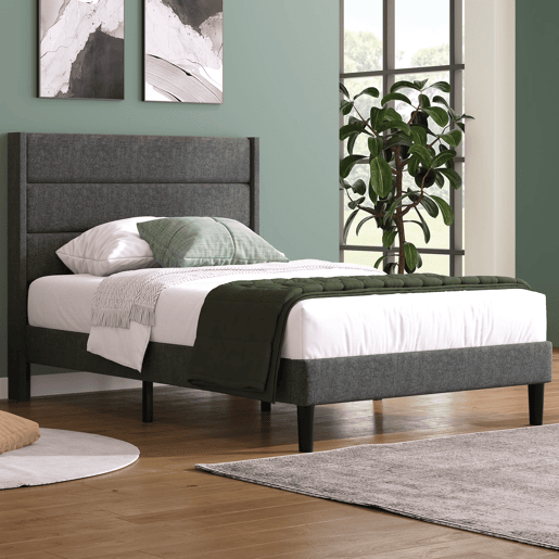Cama estofada 90x200 cm - Estrutura com estrado e cabeceira, design moderno, cinzento