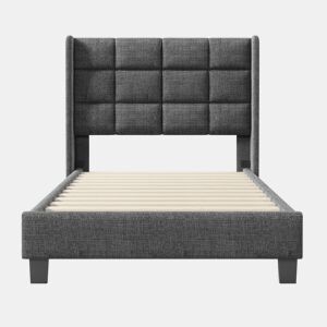 Cama estofada moderna 90x200 cm - Cabeceira acolchoada, com estrado, linho cinzento, firmeza média