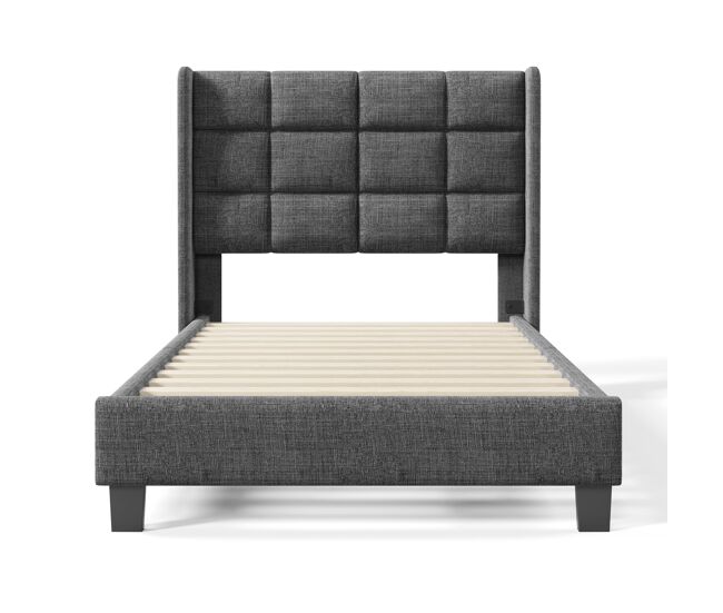 Cama tapizada moderna 90x200 cm - cabezal acolchado, con somier, lino gris, media firmeza